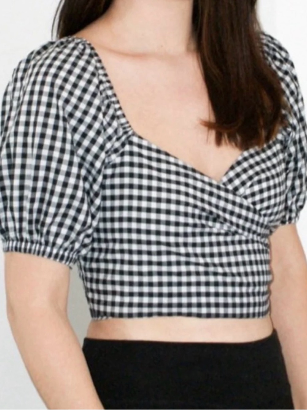 Vintage 90s Gingham Puff Sleeve Crop Wrap Top | Black & White | Size Small